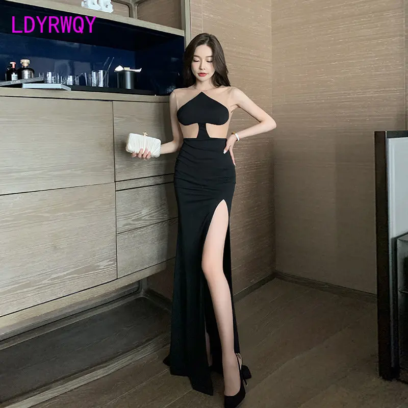 

Sexy mesh splicing perspective strapless dress high slit open Fanny skirt night club