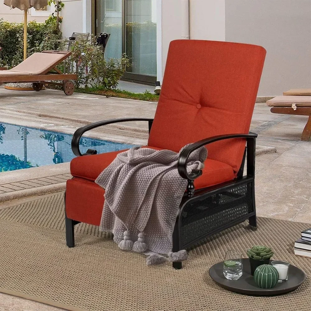 

Adjustable Outdoor Lounge Chair Metal Patio Relaxing Recliner Chair With Removable Cushions(Red) Leisure Chaise Longue Furniture