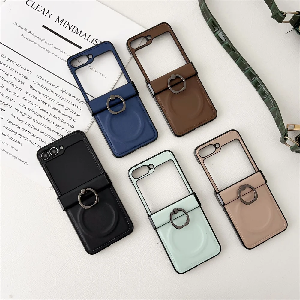 Enhanced Leather Magnetic Ring Holder Phone Case with Stand - Shockproof Cover for Samsung Z Flip Series