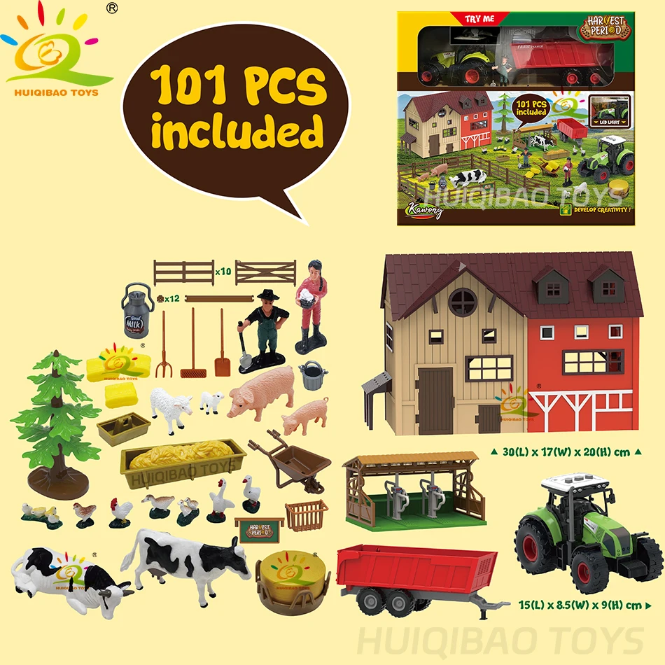 HUIQIBAO Simulation DIY Farm Playing house Fence Scene Toy Trees Animals Model Miniature Craft Home Assembly Decoration Gift