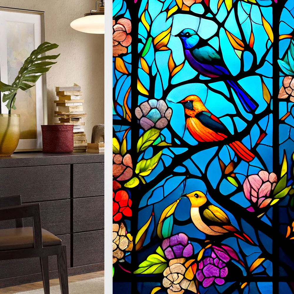 Retro Landscape Bird Flower Window Glass Electrostatic Stickers Removable Window Privacy Stained Decorative Film for Home Office