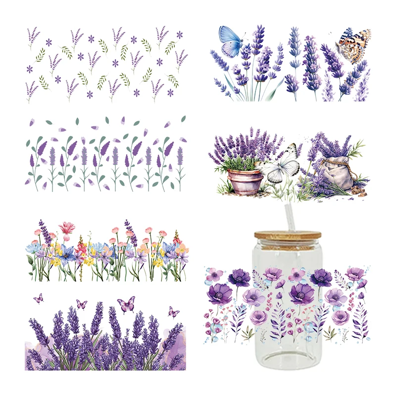 Lavender Flowers Pattern 3D UV DTF Transfer Sticker For 16oz Libbey Glasses Wraps Bottles Cup Sticker D17696 dtf transfer sticker