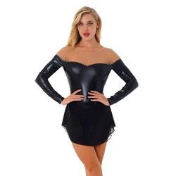 Womens Figure Ice Skating Ballet Dance Dress Sheer Mesh Patchwork Rhinestone Dance Dress Shiny Metallic Long Sleeve Dresses