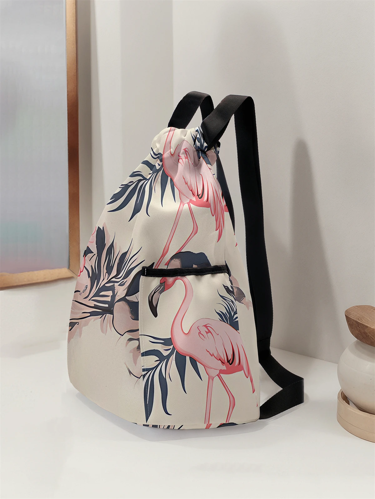 Flamingo Pattern Drawstring Backpack - Large Capacity Durable Fitness Bag, Adjustable Shoulder Straps, Sports Beach Backpack