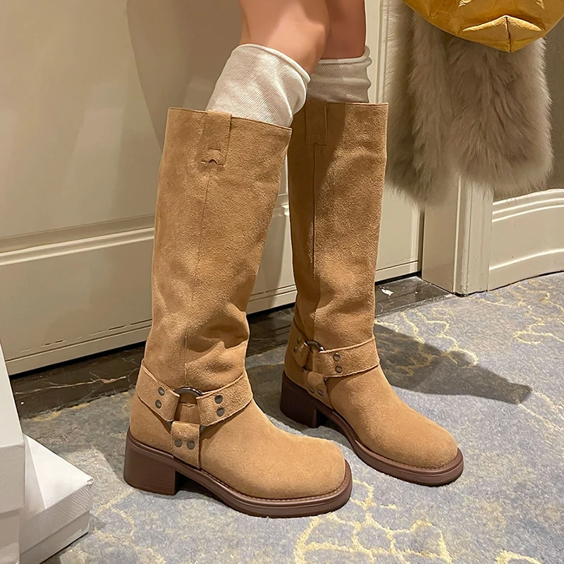 

Heihaian Long Boots 2023 Autumn New Round Head Thick Heel Straight Boots Retro Style Belt Buckle Knight Boots Suitable For Women