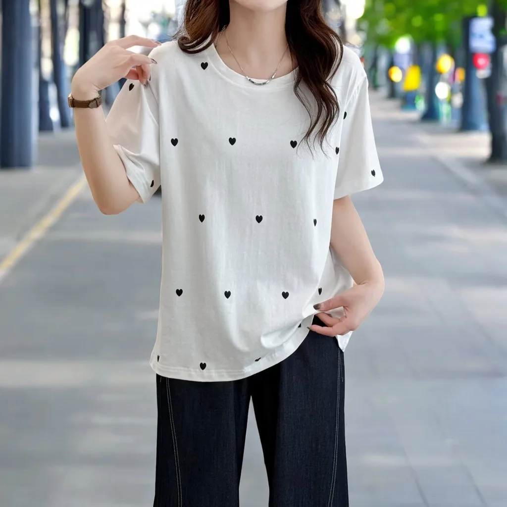 Plus Size Women's Top Summer New 100kg Simple With Small Fresh Love Printing Short Sleeve T-shirt 2246