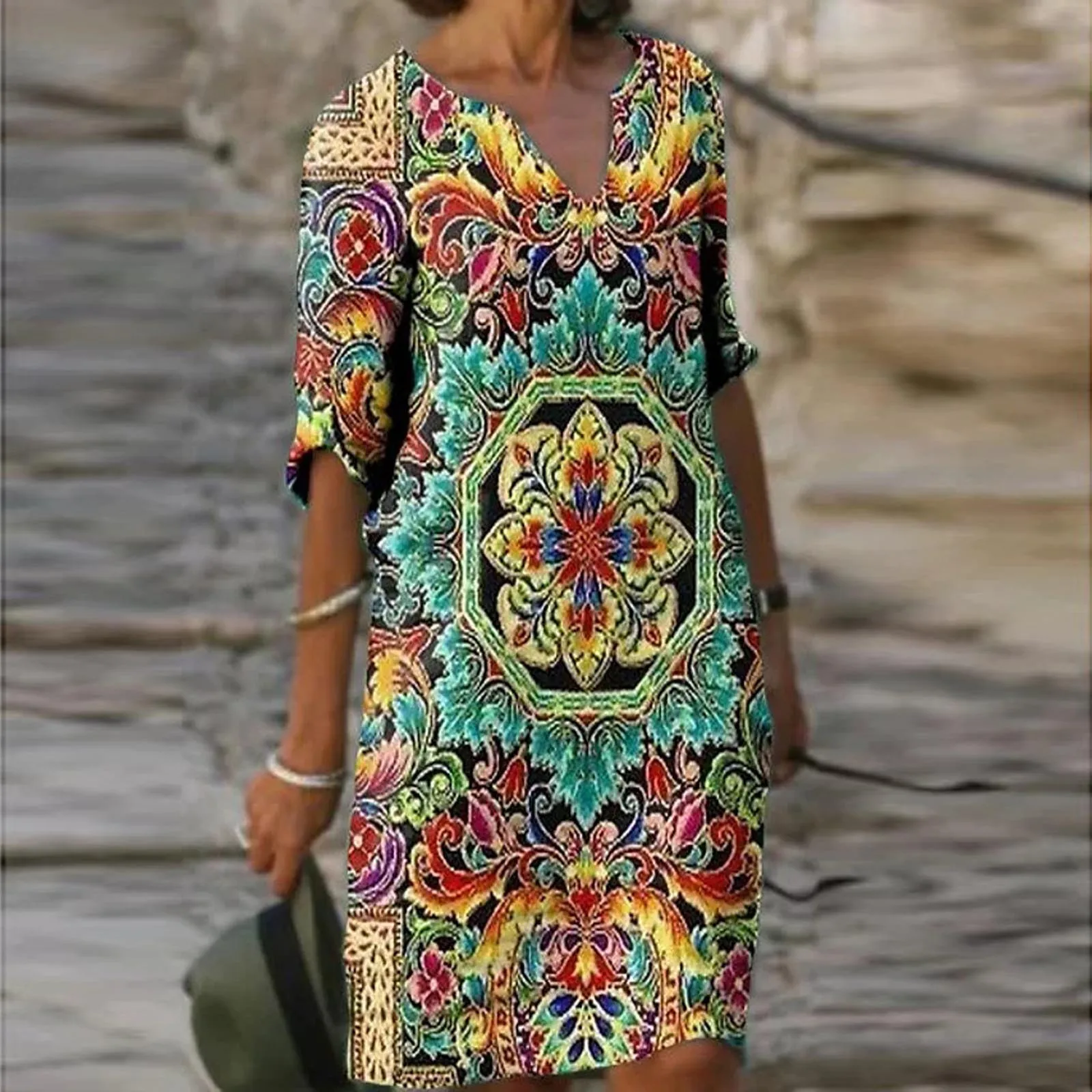 TrendAura Breathable Cotton Summer Dress Print Vintage Inspired Round Neck In Warm Brown For Women main image 1