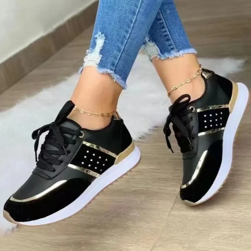 2024New Women Thick Sole Sport Shoe Leather Flats Lightweight Running Shoes Casual Sneakers Plus Size Lace Up Vulcanize Shoes 2
