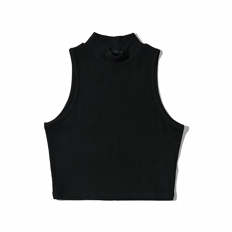 Top corto de cuello alto para mujer, camiseta sin mangas, transpirable, ajuste cómodo, color negro, Verano
