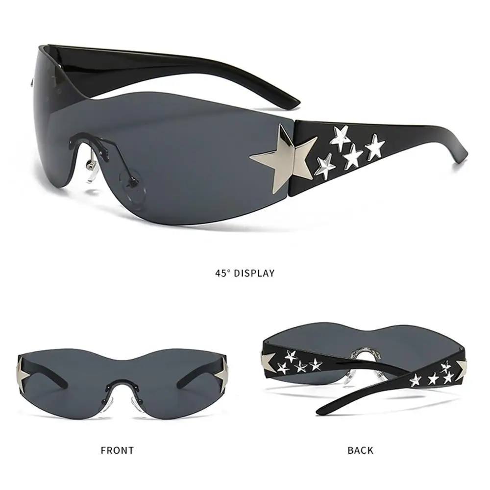 Trendige Sonnenbrillen für Damen und Herren mit UV400-Schutz, Coole Wrap-Around-Brille mit Sternendekor, Randlose Y2K-Sonnenbrille – Detail 9