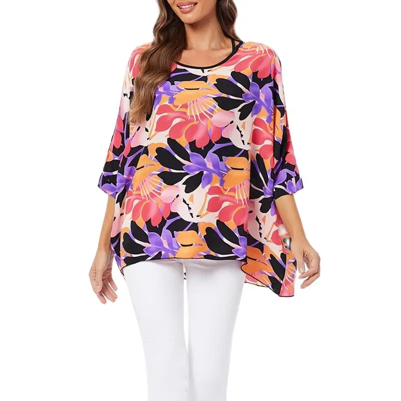 

Женская свободная футболка с коротким рукавом, богемный пуловер с круглым вырезом и цветочным принтом, модель 4XL-6XL на лето, 2023