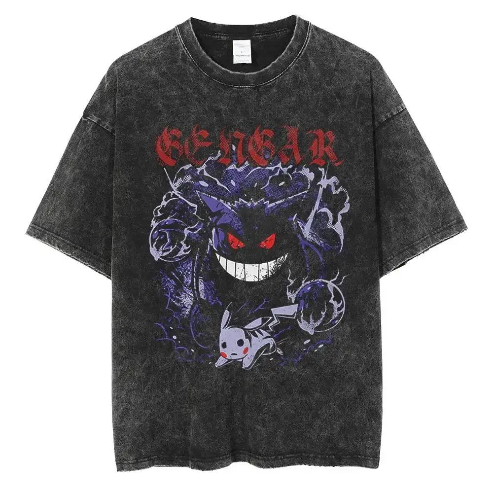 

Hip Hop Streetwear Men Vintege Washed T-shirts Anime Pokemon Gengar Print T Shirt Summer Cotton Retro Tees Unisex Casual Tees