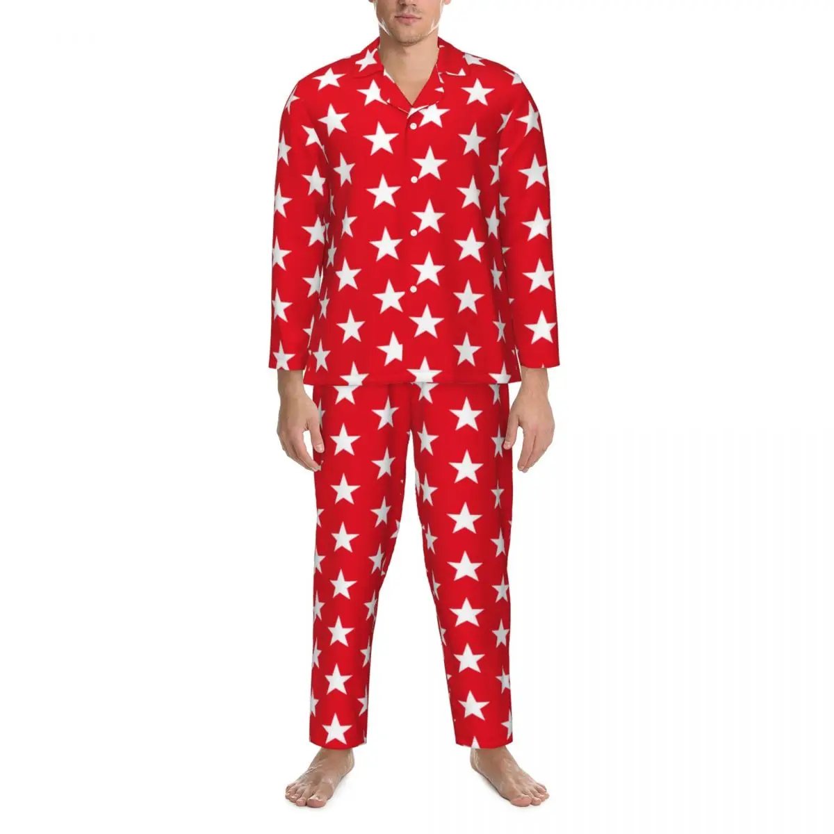 

Pajamas Male Patriotic Star Print Night Sleepwear Festive 4th of July 2 Pieces Casual Pajama Sets Long Sleeve Lovely Home Suit