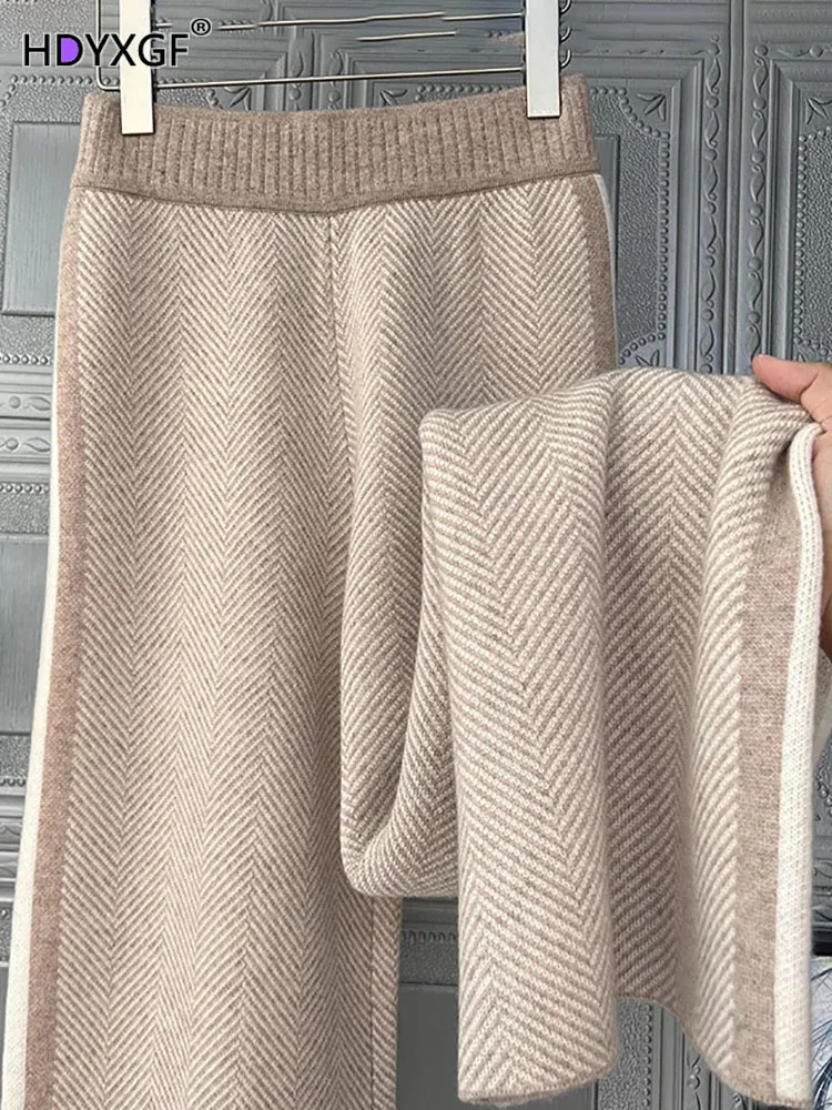 Plus Size S-4xl Striped Elastic Knit Wide Leg Pants Women Autumn Winter Fashion High Waist Straight Pantalones Woolen Warm Pants