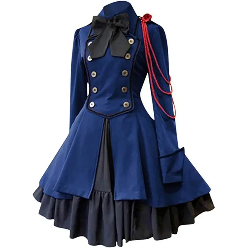 

Medieval Retro Gothic Steampunk Lace Up Chain Bow Gothic Coat Ruffle Classic Lolita Dress Halloween Cosplay Costume Women