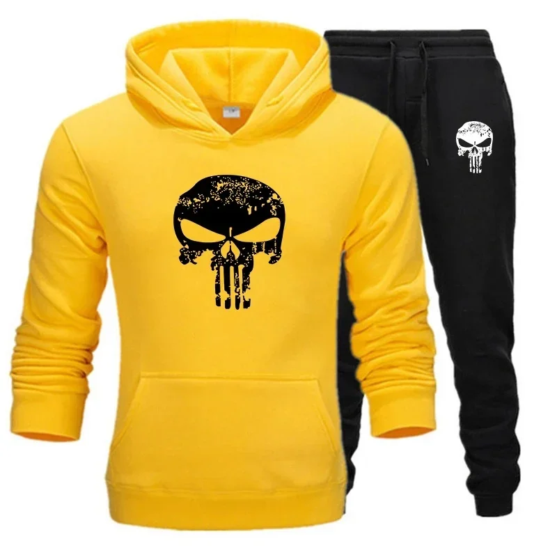 Spring and winter 2 piece sportswear hooded sweatshirt hoodie + stretch waist trousers men's sports hoodie Skull brand print