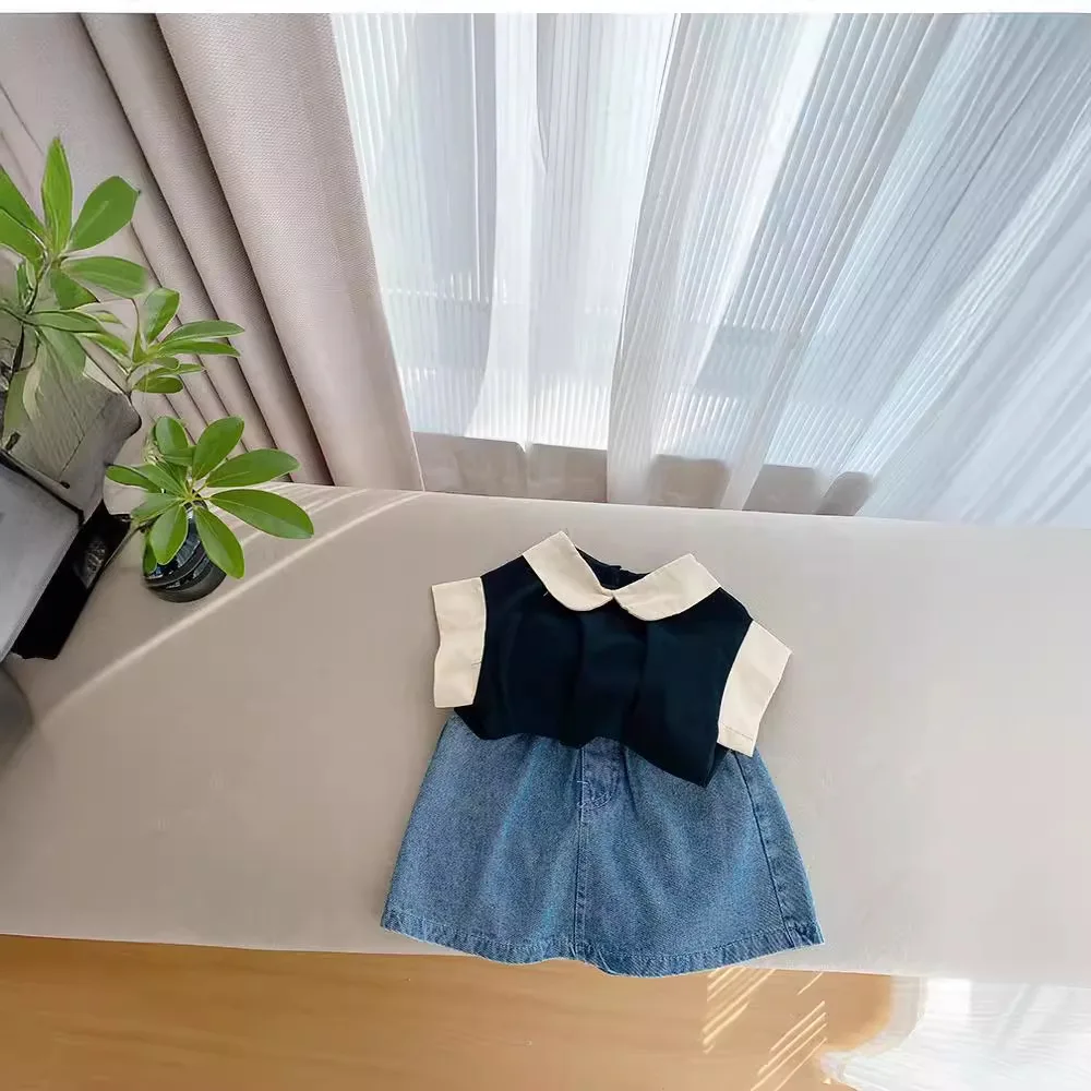 

Little Girls 2PCS Clothes Summer Peter Pan Collar Contrast Versatile Exquisite Tops Denim Loose Shorts Suit Toddler Girl Outfits