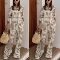Printed Shirts Two Piece Set Women Long Sleeve Lapel Shirts High Waist Wide Leg Pants Suit For Women Home Wear Outfits Clothing - Image 4