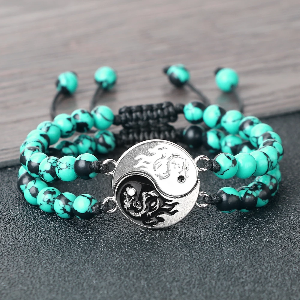 Braccialetto Intrecciato Con Ciondolo In Lega Yinyang Vintage Dragon Totem Set 6Mm Bracciale Coppia Lucido Nero Linea Rossa Naturale Regolabile