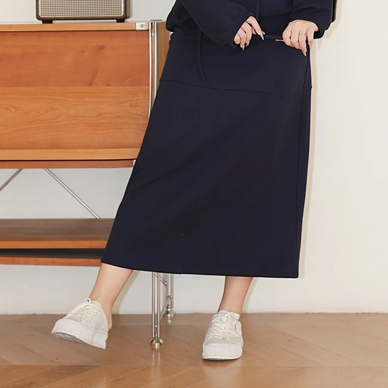 Plus Size Skirt 2025 Autumn Fashion Preppy Style High Waist A-line mid-length Navy Blue Casual Premium Women's Bottoms