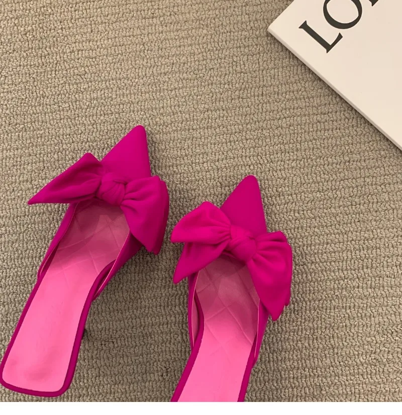 Summer Bowtie Thin Heel Mules Shoes Women 2024 Street High Heeled Slippers Women Sandals Sexy Elegant Pointed Toe Chic Shoe