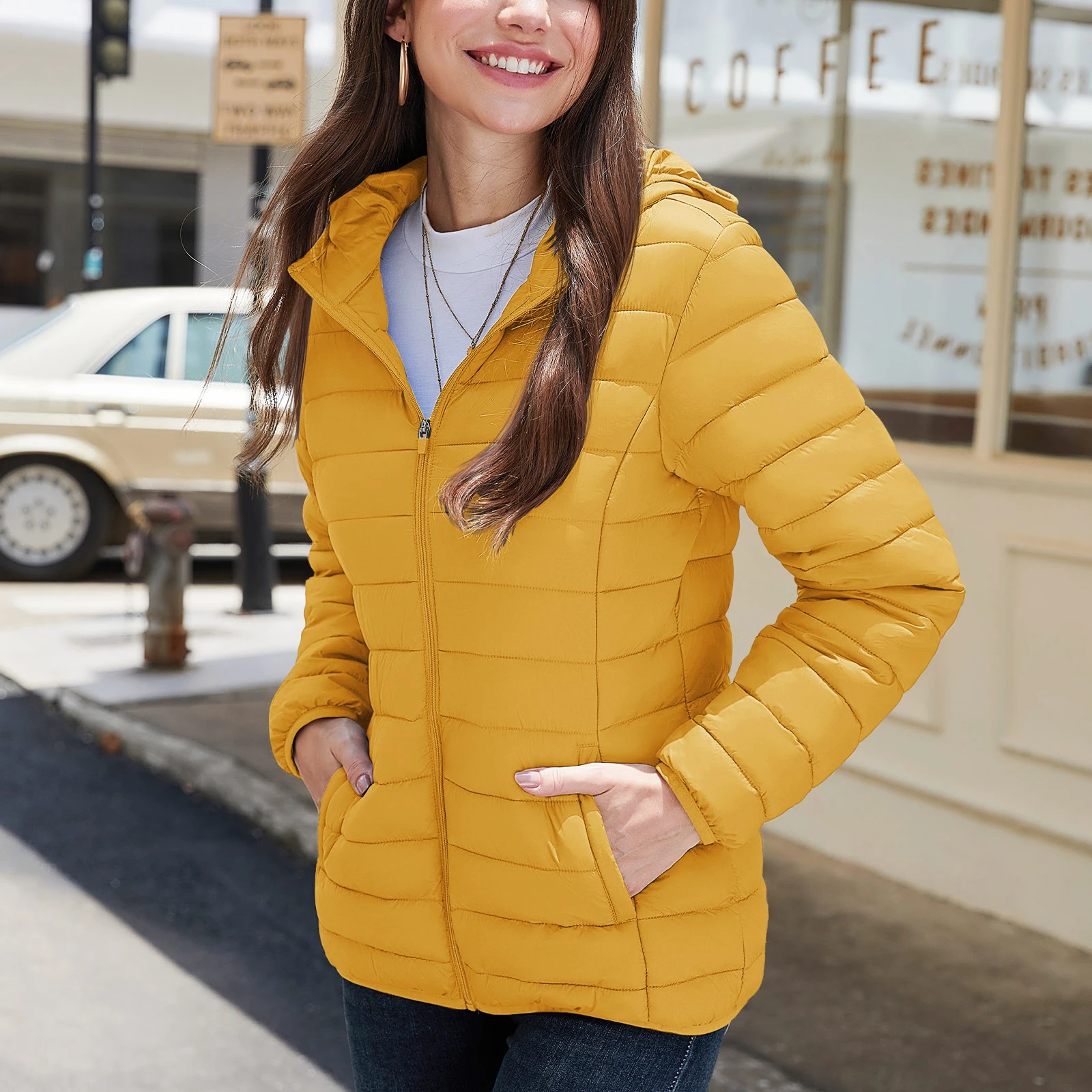 Women's Lightweight Hooded Puffer Jacket - Full Zip Windbreaker Quilted Down Coat