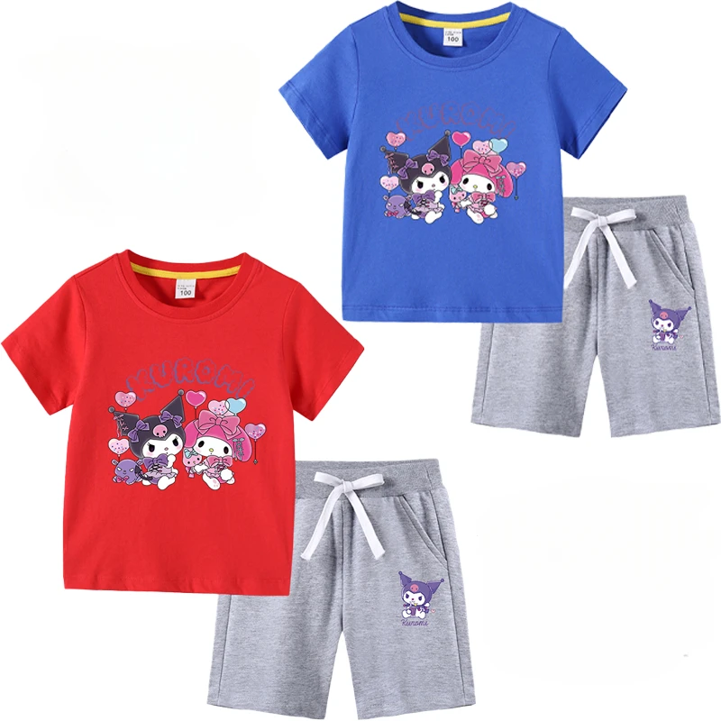 

Sanrio Kawaii My Melody Kuromi детская футболка Летняя новая мультяшная с круглым вырезом хлопковые детские брюки с коротким рукавом костюм Twopiece
