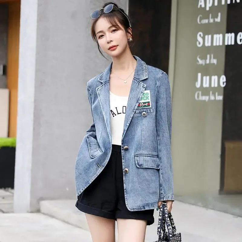 

Модный женский джинсовый костюм, куртка, весна-осень, новинка, Длинные блейзеры, однобортный Повседневный тренчкот, Женская профессиональная одежда