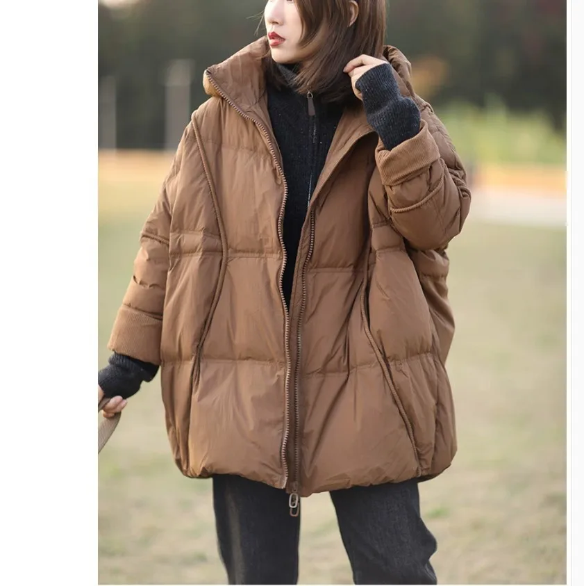 Chaquetas de plumón grandes de invierno 2024, chaqueta informal holgada gruesa de plumón de pato blanco al 90 %, abrigo de plumón de invierno cálido de longitud media con capucha