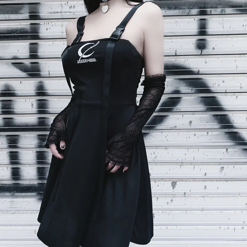 

2023 Fashion New Style Gothic A-word Frosted Letter Embroidered Suspender Skirt Women's Summer Dark Dress