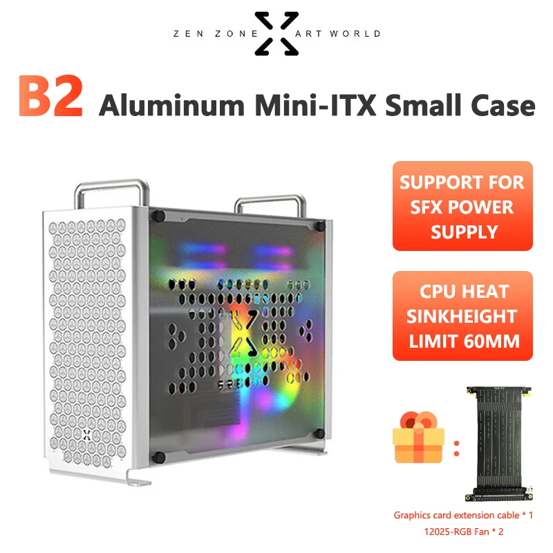 Zzaw B2 Itx Computer Case All Alluminio Side Translucency Desktop Small Case Support Sfx/Sfx-L Power Supply Office Chassis