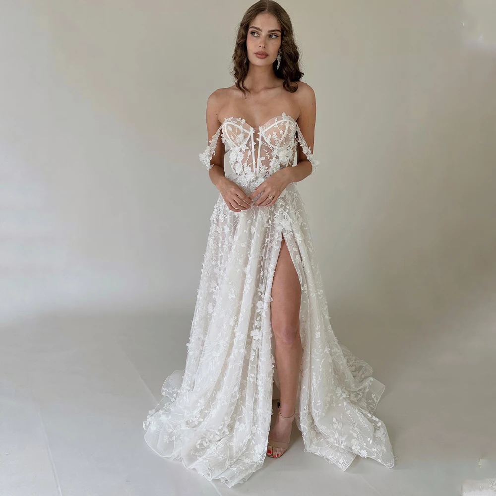 

2023 New Design Off The Shoulder Sweetheart Lace Applique Boho Beach A Line Wedding Dresses Side Slit Sweep Train 2023 Women Wea