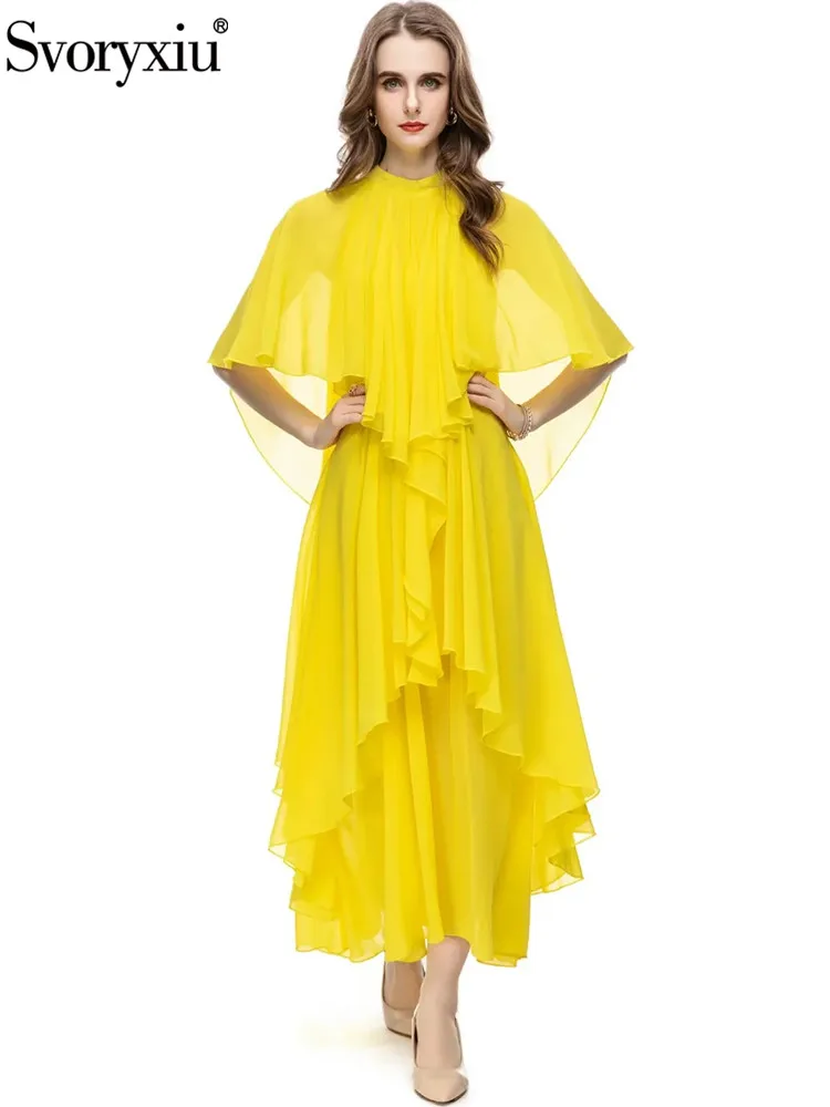 

Svoryxiu Summer Fashion Designer Solid Color Cape Sleeve Long Dress Women's Stand Collar High Waist Flounces Hem Dress