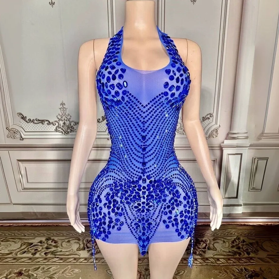 

Flashing Rhinestone Blue Color Sexy Halter Backless Transparent Mini Dress Birthday Celebrate Costume Women Dancer Prom Outfit