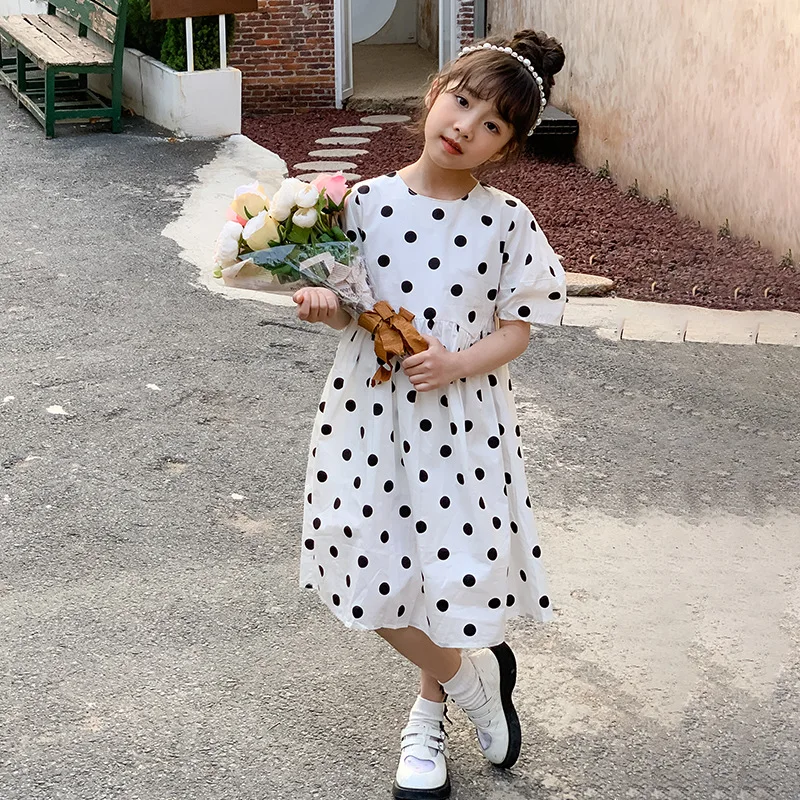 

JUCPKID 2024 Korean Summer Children Girl One-piece Dress Teenager Girl Backless Dot Casual One-piece Dress School Girl Dress