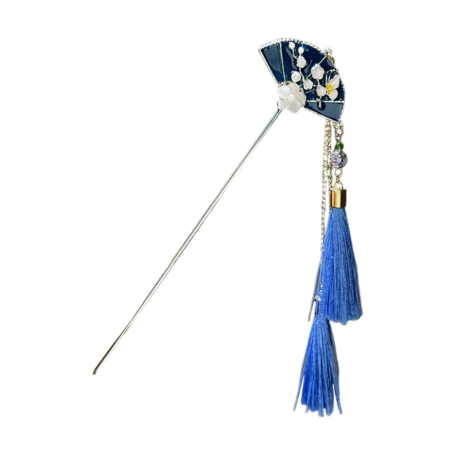 Bastoncino per capelli antico ventaglio blu con nappe fiore_voghion.com