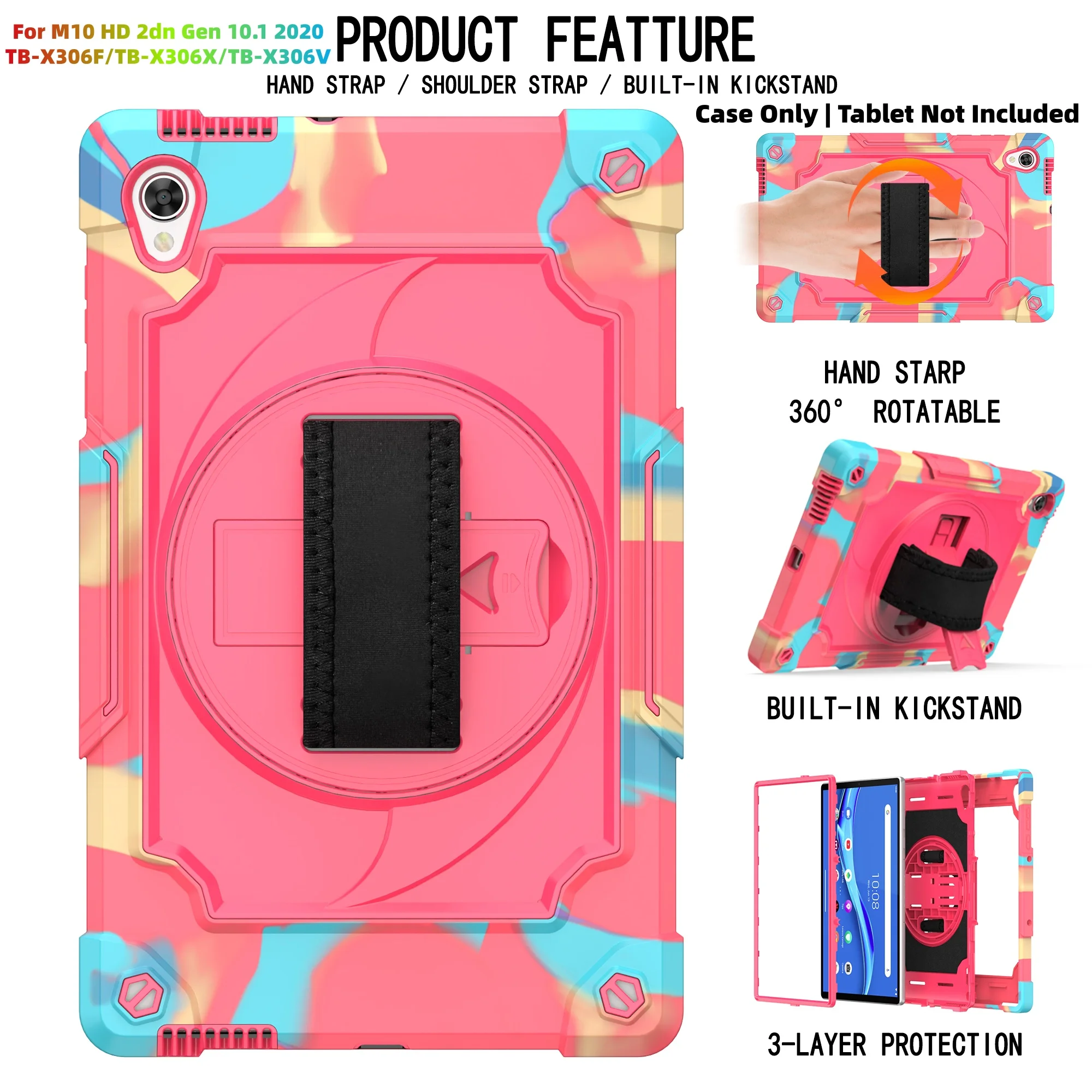 Heavy Duty Shockproof Tablet Case with 360° Rotatable Kickstand, Hand Strap, and Shoulder Strap