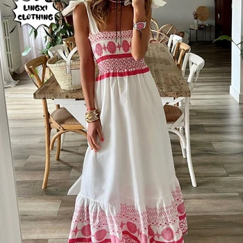 2023 Fashionable Summer New Women's Dress Lace Up Print Sweet Elastic Bohemian Elegant Beach Resort Style Dress Long Dress