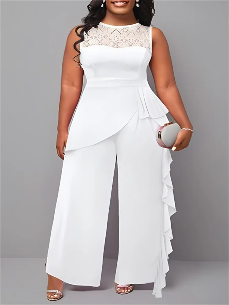 Wmstar Jumpsuit  Women Sleeveless Bodysuit Lace Patchwork Office Lady Wide Leg Elegant Fashion Rompers Wholesale Dropshipping