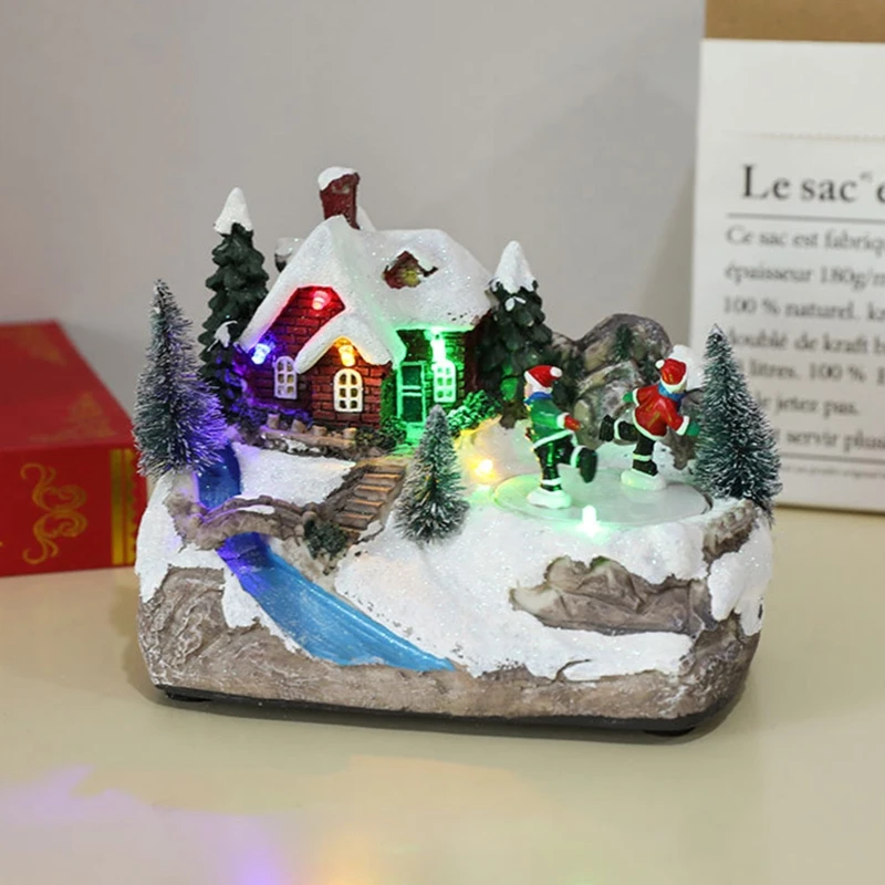 

for Creative LED Lights Christmas Small River Village House Luminous Landscape Snow Figurines Resin Desktop Ornament