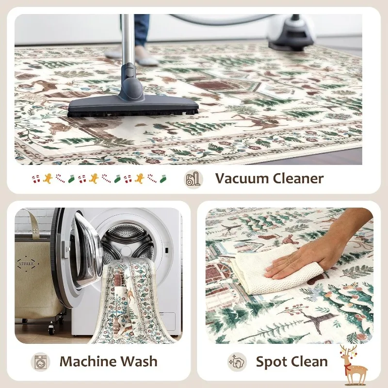 Christmas Themed Living Room Carpet Christmas Tree Reindeer Print Bedroom Rugs Machine Washable Non-slip Coffee Table Mats Tapis