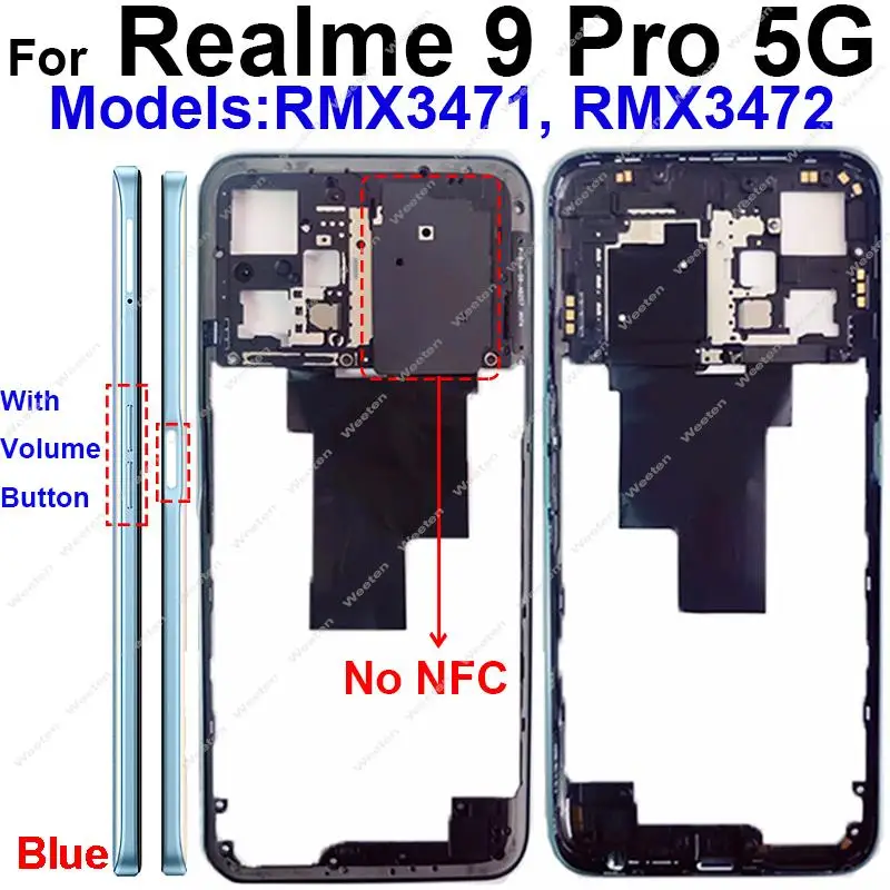 Realme 9 Pro RMX3471 RMX3472 후면 커버 배터리 도어 하우징 베젤, 측면 버튼, 흑연 종이 부품