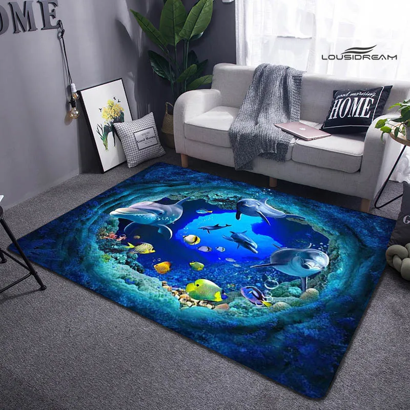 Blue Underswater Dolphin Carpets Childrens Bedroom Floor Area Rugs Kids Play Mat 