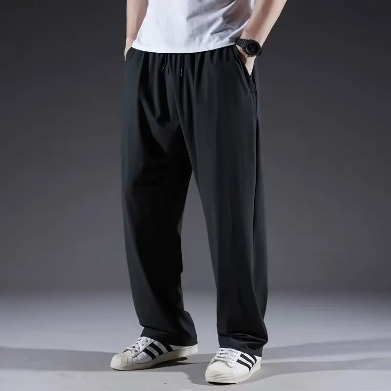 Qui Dry Ice Silk Men's Summer Thin Elastic Sports Casual Pants plus Size Loose Straight Leg Drapey Feel Faionable Youthfu...