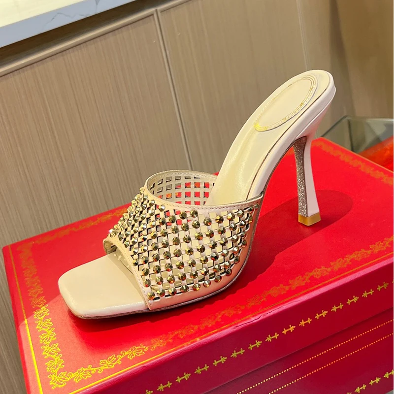 

2024 New High Heel Sandals Summer Full Of Design Sense Sexy Women's Slippers Crystal Decor Banquet Pointy Toe Female Pumps