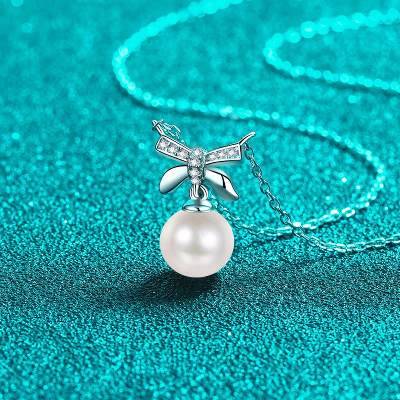 S925 Sterling Silver Women Moissanite Pearl Necklace Bow Sweet Pendant Cute Girl Style Collar Chain