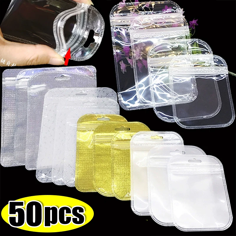 50pcs Thicken Resealable OPP Bags Laser Iridescent Bag Clear Storage Bag White Bag with Hang Hole for DIY Jewelry Making 50pcs clear holographic laser self adhesive bag resealable plaid pouch for jewelry packaging cosmetic sample bags badge gift bag