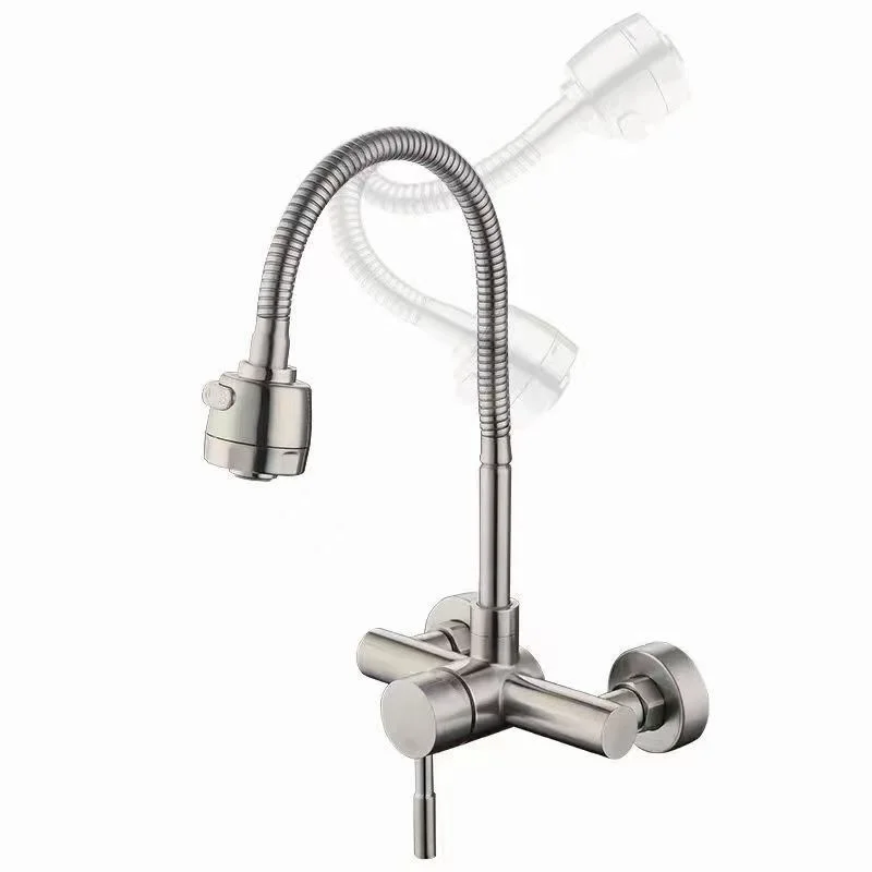 Universal Wall Mounted Stainless Steel Kitchen Faucet Cold and Hot Tap  360 Degree Swivel Flexible Hose Single Handle Faucet