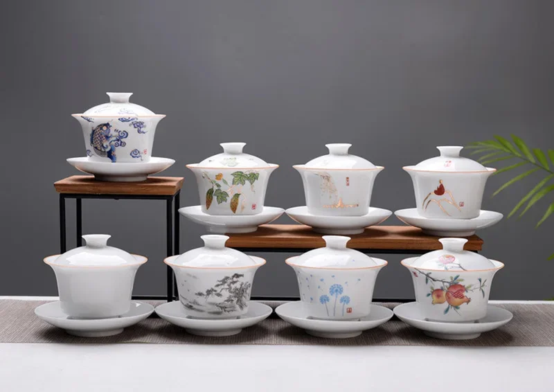 White bone china Gaiwan Tea Set Travel Ceramic Tea Set Kung fu tea set Chinese Porcelain Gaiwan cup