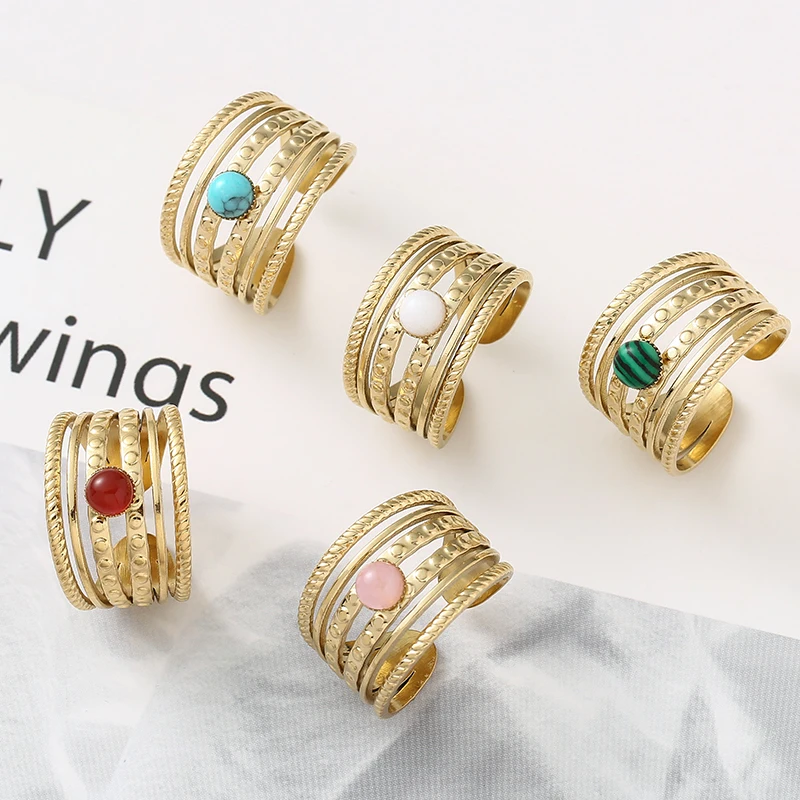 Bohemian Ring Stainless Steel Rings for Women Gold Plated Hollow Multi-layer Rings Turquoise Natural Stone Jewelry Trend 2022